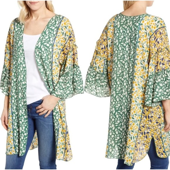 Democracy Sweaters - Democracy Colorful Tulip Print Kimono Cardigan Open Front Ruffle Bell Sleeve S/M